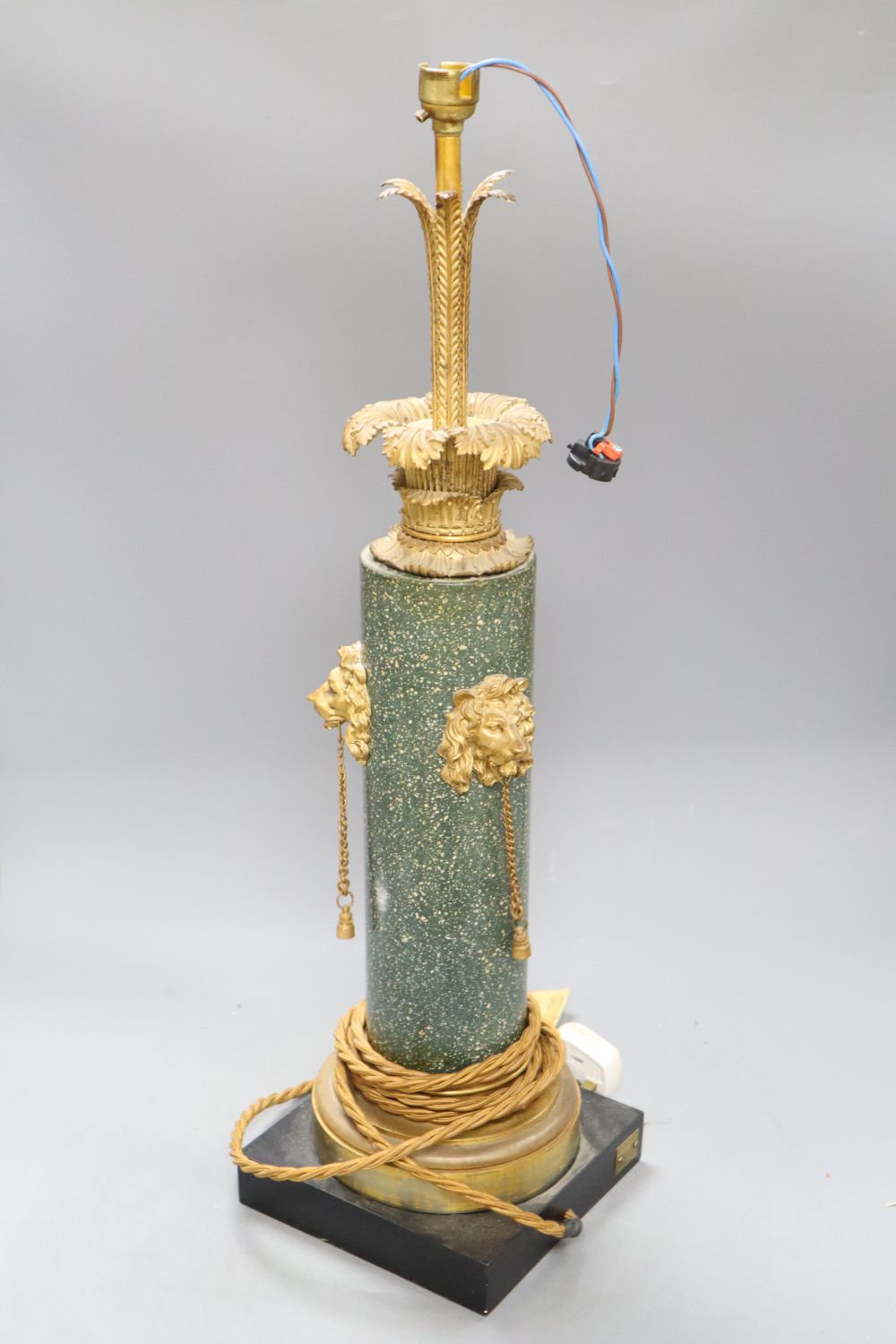 A Hobbs ormolu and marble table lamp, overall length 64cm